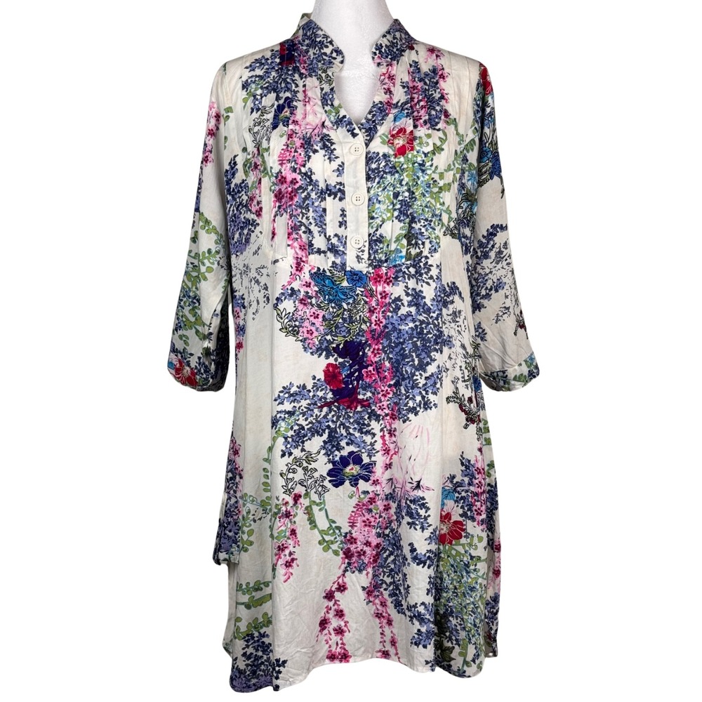 Dorocci Tunic Blouse‎ Top Womens Floral Pleated Roll Tab Sleeve Elegant Classic